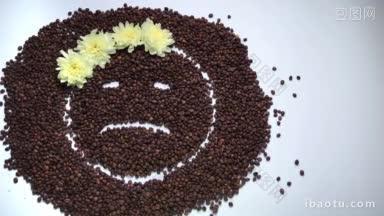 用<strong>咖啡豆</strong>做成的花冠女孩表情符号，当咖啡出现时，显示情绪波动，微笑变化的表情